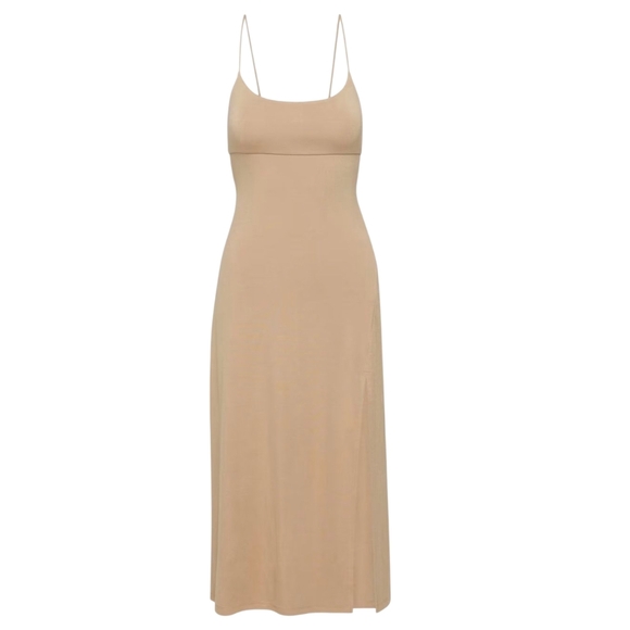 Wilfred Gold Camel Open-Back Dreamweaver Dress Size Large Relux Jersey with Slit - Picture 4 of 9